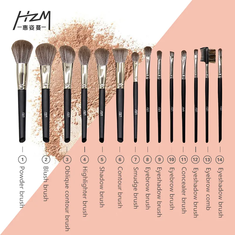 

HZM 14Pcs Best Custom Logo Beauty Professional wood Black High quality natural hair makeup brush set vegan makeup private label