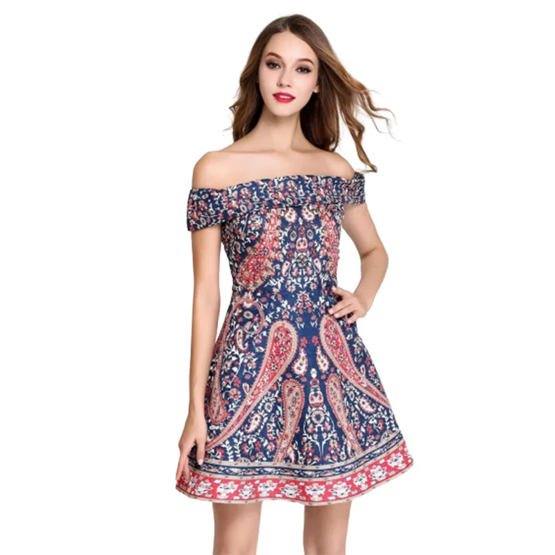 

2020 New Arrival Women Off Shoulder Printed Formal Knee Length Swing Elegant Party Summer A Line Ladies Evening Dresses