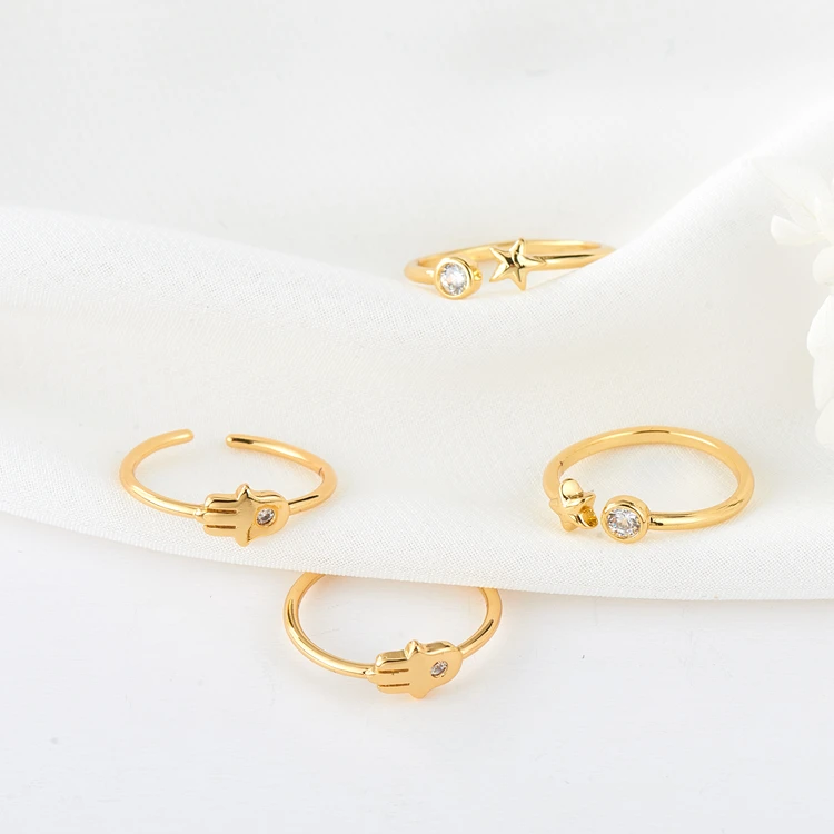 

Simple Brass Micro-set Zircon 14K Gold Plated Hamsa Hand Star shape Adjustable Ring