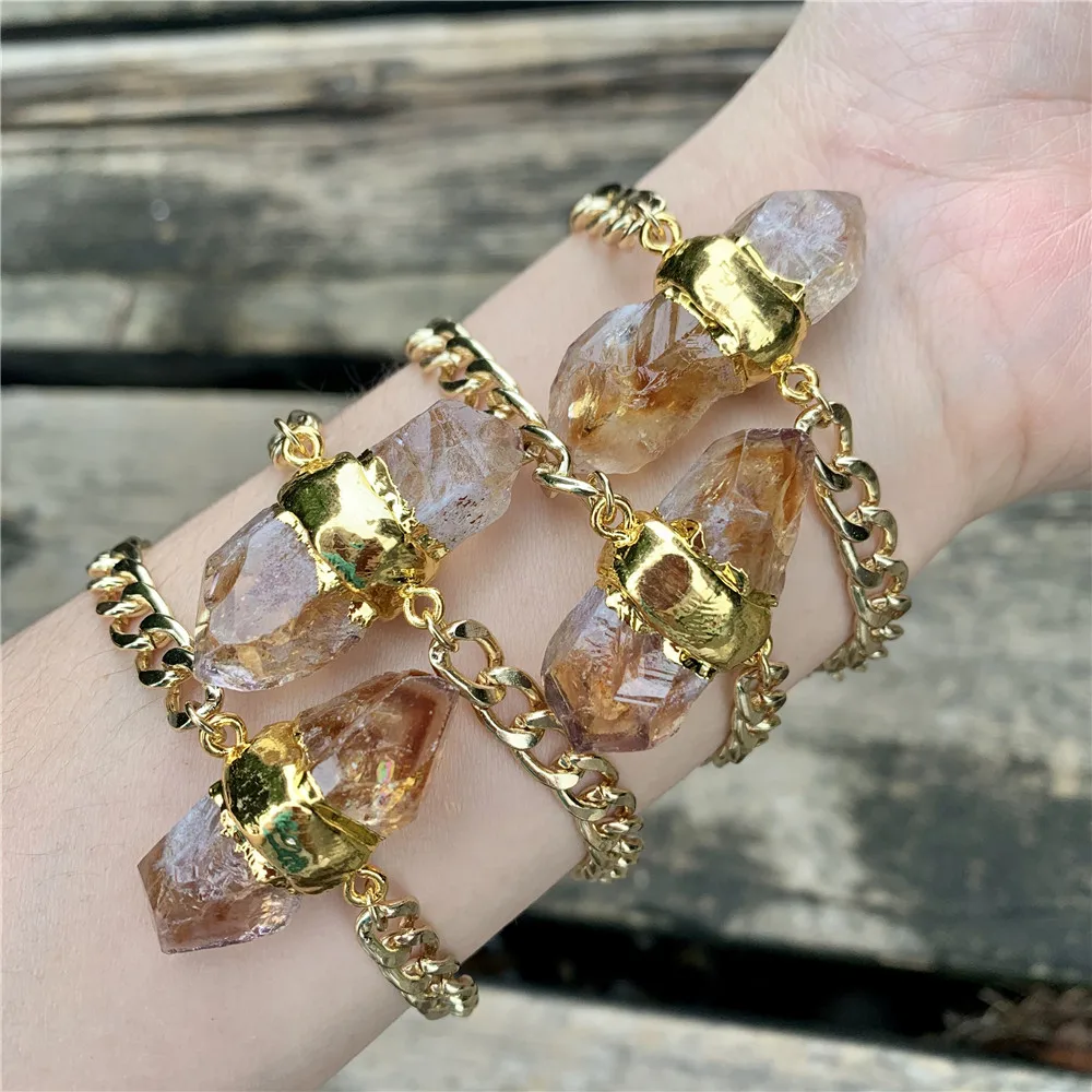 

LS-B1955 Gold plated cuban chain bracelet natural raw gemstone charm high quality citrine stone bracelet jewelry, Assorted