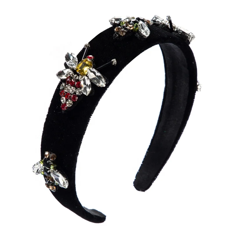 

Black Hair Accessories Baroque Jeweled Bee Hairband For Women Girls Crystal Rhinestone Bezel Elegant Velvet Satin Headband, Picture shows