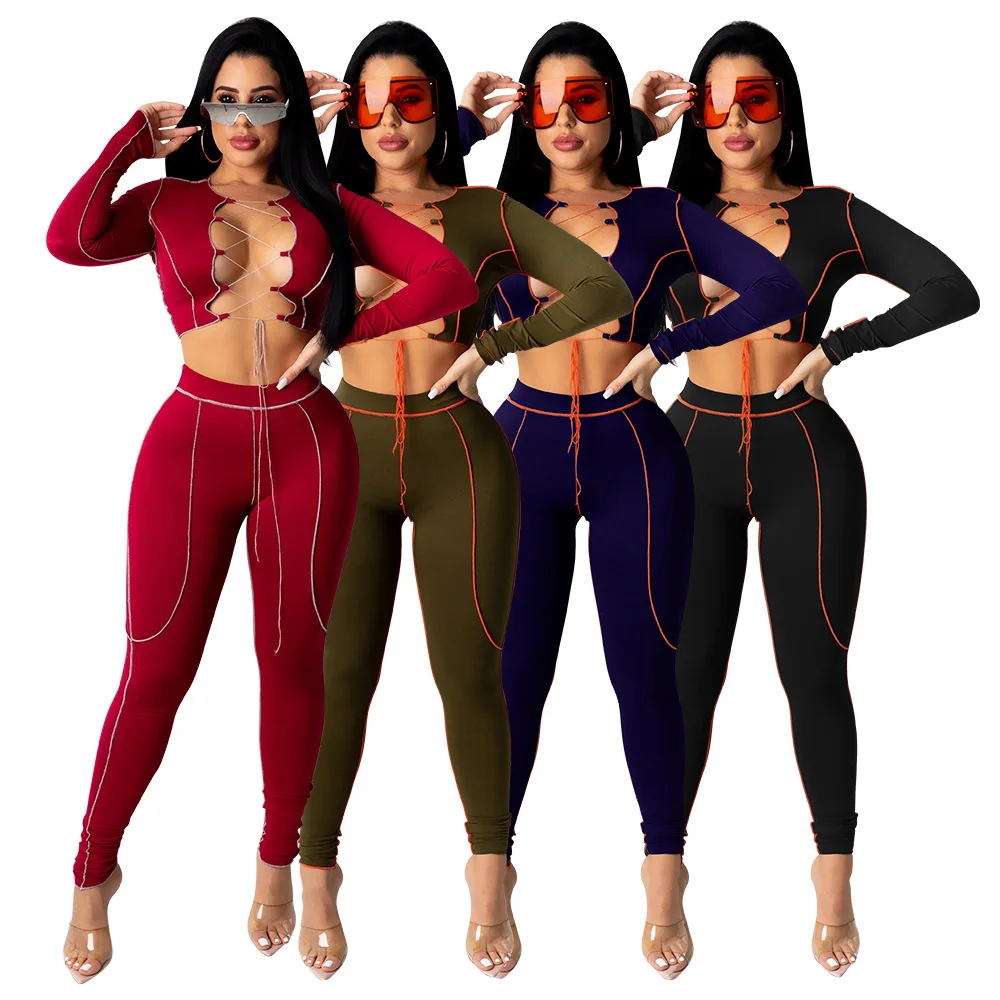 

Fall 2020 Fashion Trendy Sets Womens Clothing Crop Top Two Piece Set Clothes Long Sleeve 2 Piece pants Set, As picture show