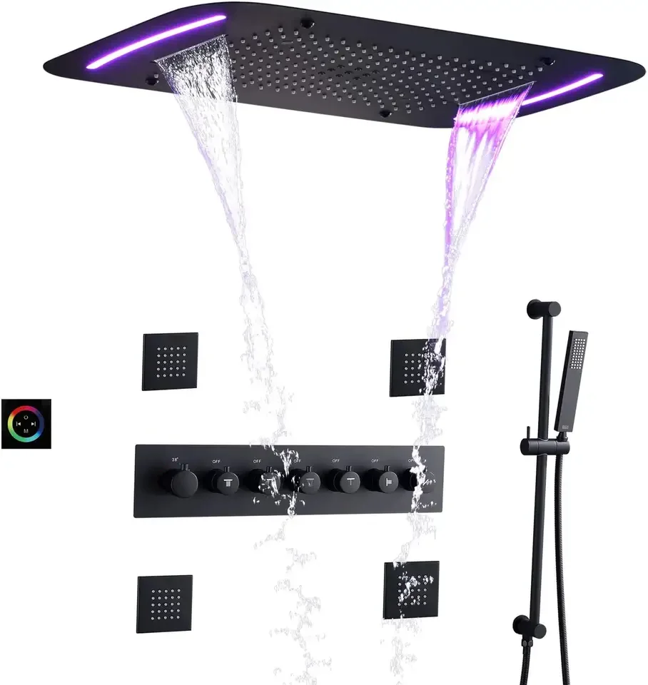 

LED Panel Thermostatic Bathroom Shower Set Luxury 28X17 Inch Shower Head Waterfall Rain Mixer Set With Atomizing Bubble Function