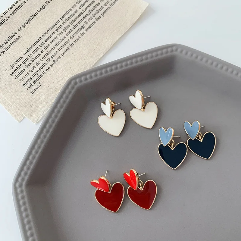 

2021 Fashion Valentine's Day Earrings Jewelry Dainty Simple Double Layer Enamel Heart Shape Charm Stud Earrings For Girls