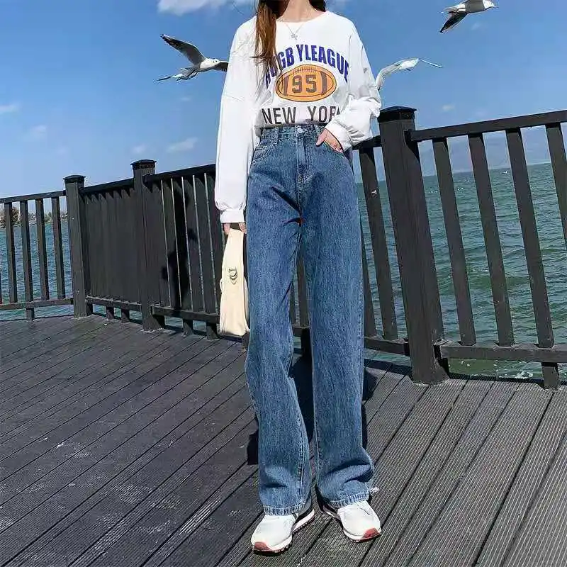 

Female High Waist Wide Leg Classic Denim Loose Jeans Woman, Light blue/dark blue ,or customized