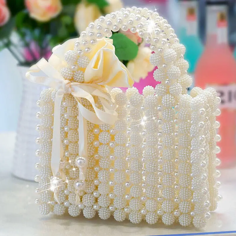 

Hot Selling Beaded Handbag Faux White Pearl Wedding Purse Evening Bags, Beige