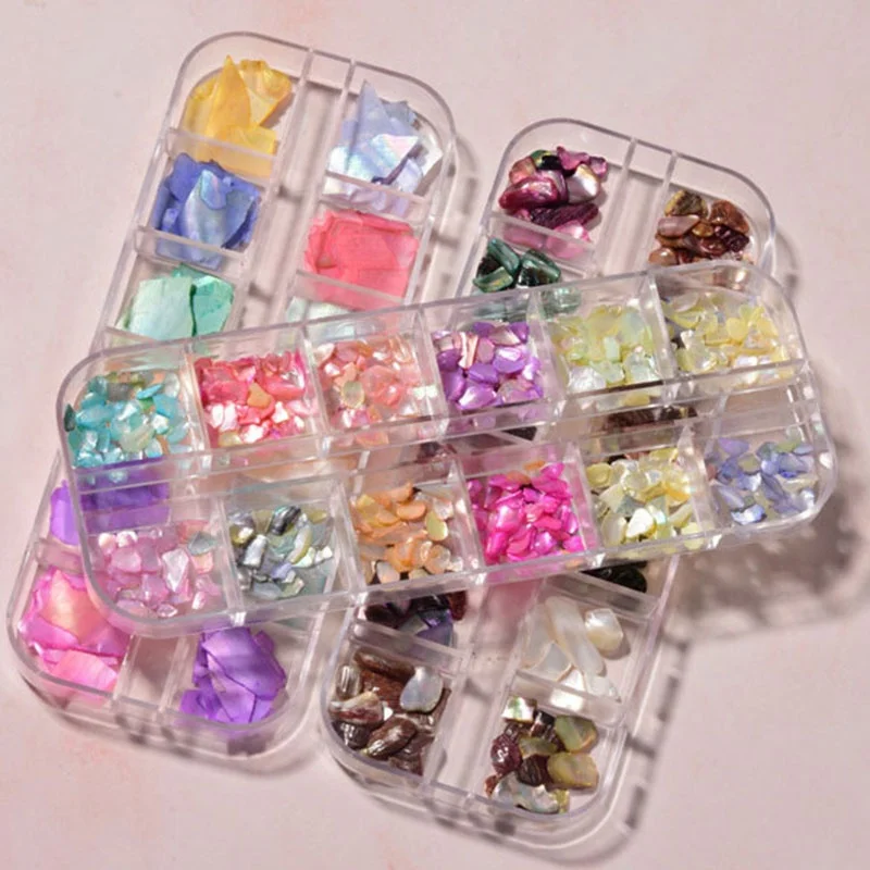 

Paso Sico Popular Colorful Irregular Mix Nature Shell Slice Pieces Stone Shimmer Luminous Glitter 3D Nail Art Product Decoration