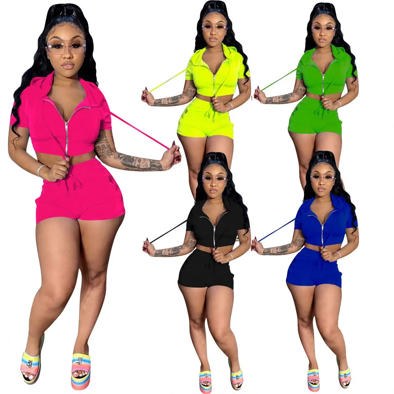 

Women's 2021 popular solid color sports and leisure suit 2-piece hooded zipper set