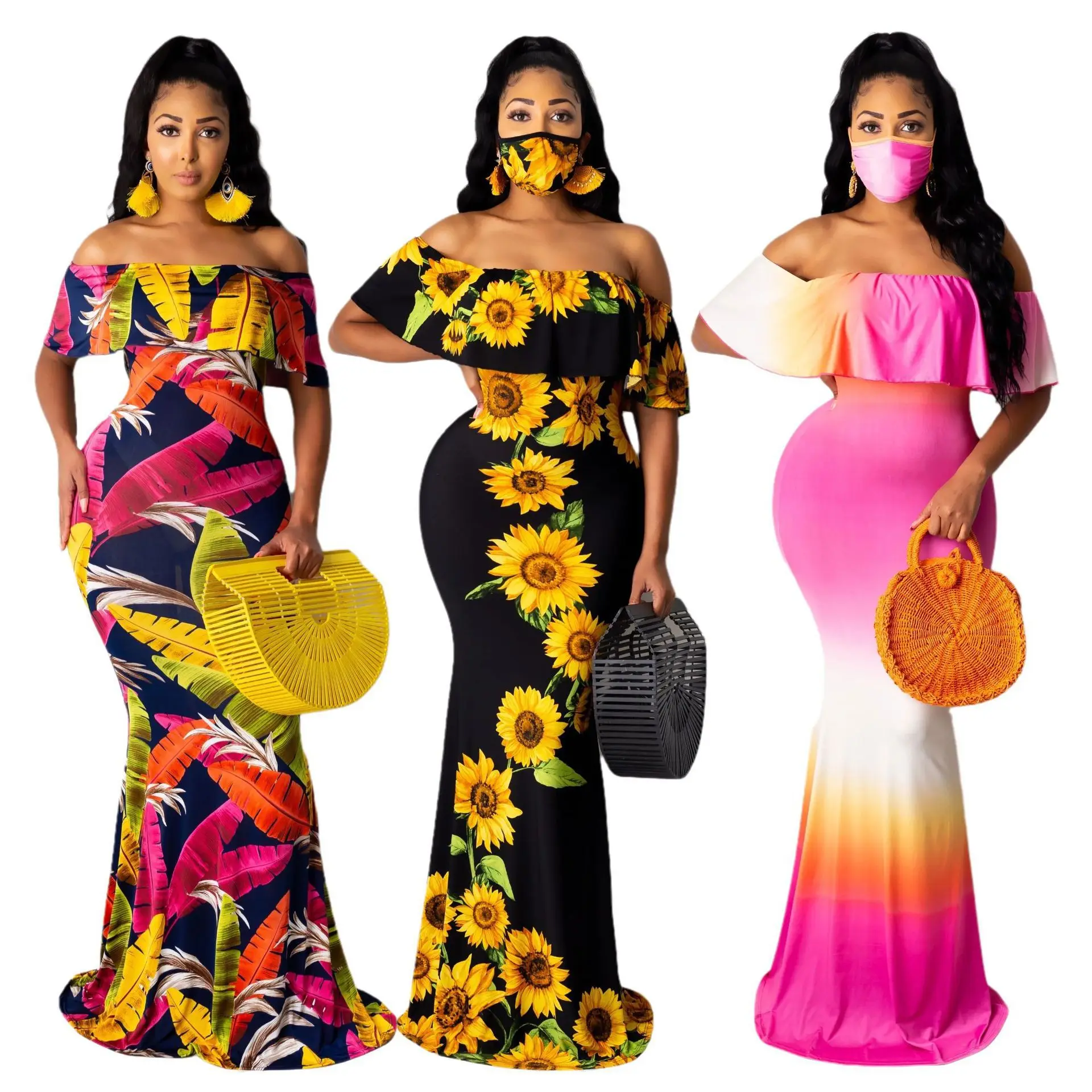 

2021 New Arrivals Summer Women Clothing Boho Printed Sunflower Maxi Dresse Women Long One Collar Colorful Floral Casual Dresses, Picture color