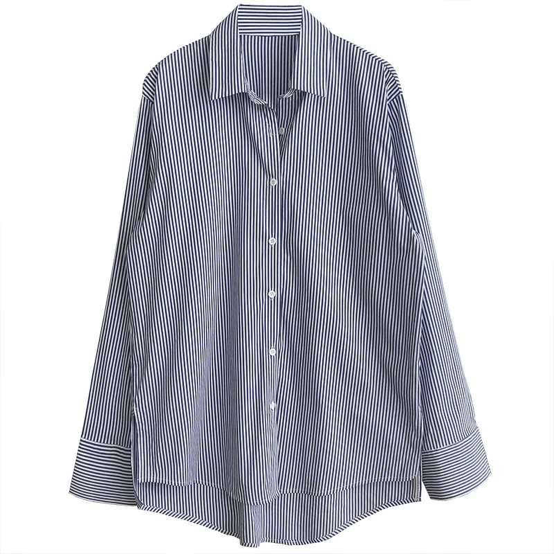 

2021 spring new blue and white stripe shirt long sleeve Korean loose neutral boyfriend top
