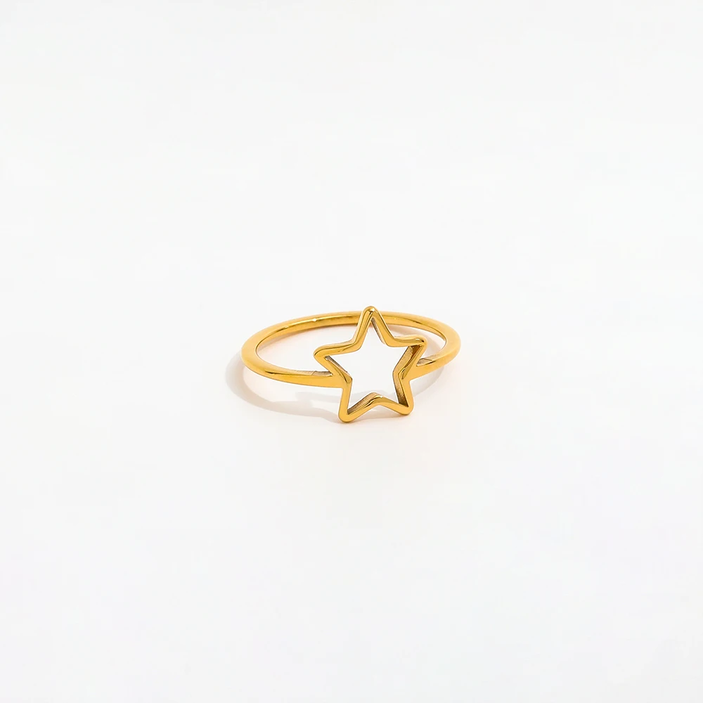High End 18K Gold Plated Lines Hollow Pentastar Stainless Steel Rings for Women Tarnish Free Jewelry