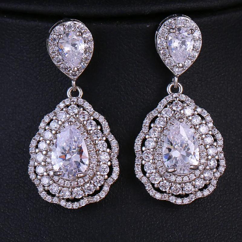 

SL-E24BD ET673 high quality silver zircon water drop earrings for Banquet party