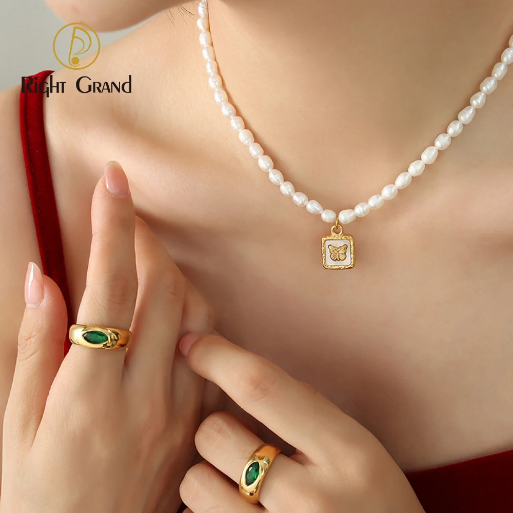 

Ins Jewelry Elegant Freshwater Pearl Necklace 18k Gold Plate White Shell Butterfly Necklace Chain Necklace