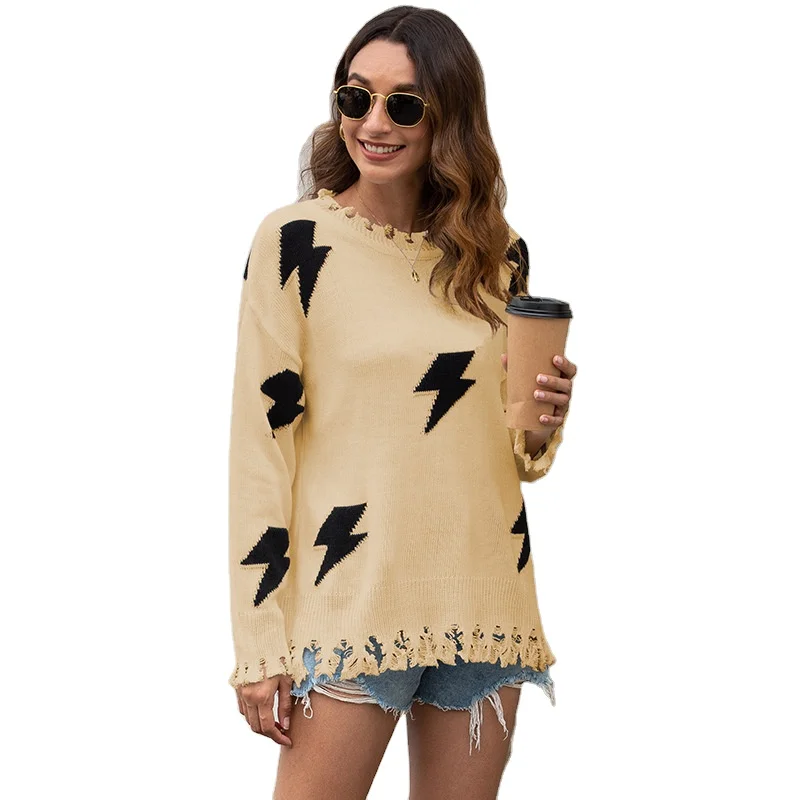 

2021 ladies knit sweater lightning print hole tassel pullover women fringe sweater