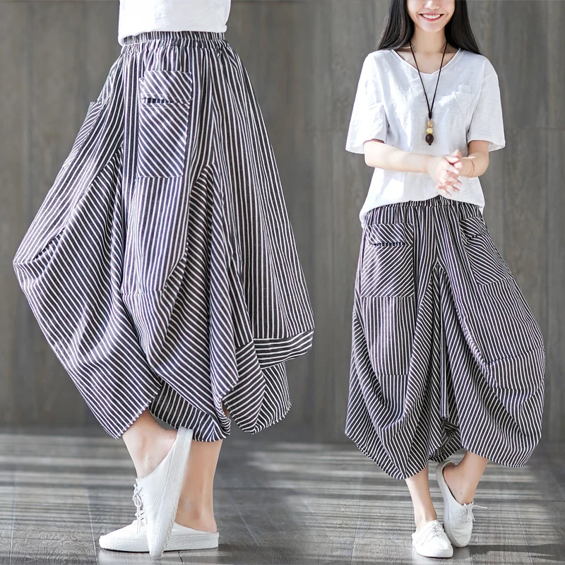 Wholesale 2026 Summer New Retro Stripe Cotton Hemp Casual Elastic Waist Irregular Women's Halfskirt