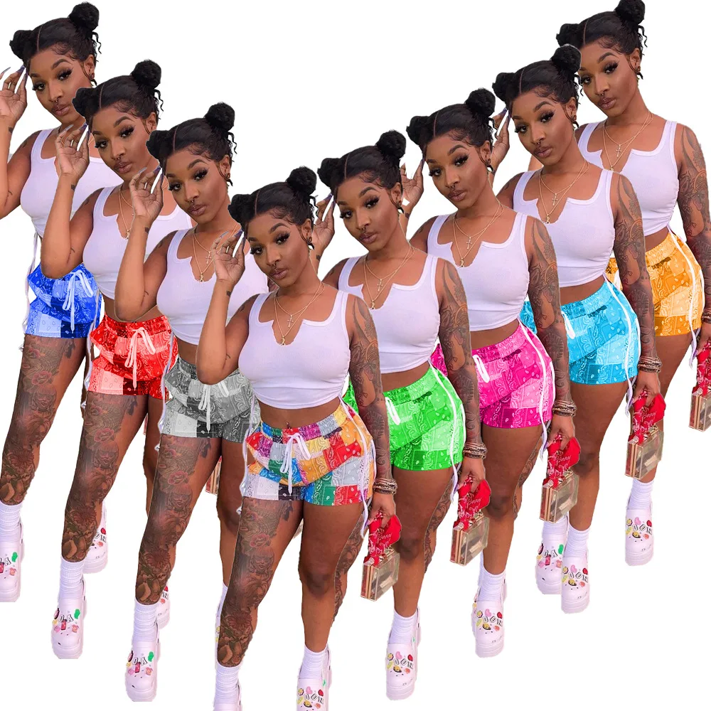 

Printed Color Shorts Crop Tops Ruched 2021 Summer Sweatsuits Sexy Outfit 2 piece short set women's clothing Sport Biker