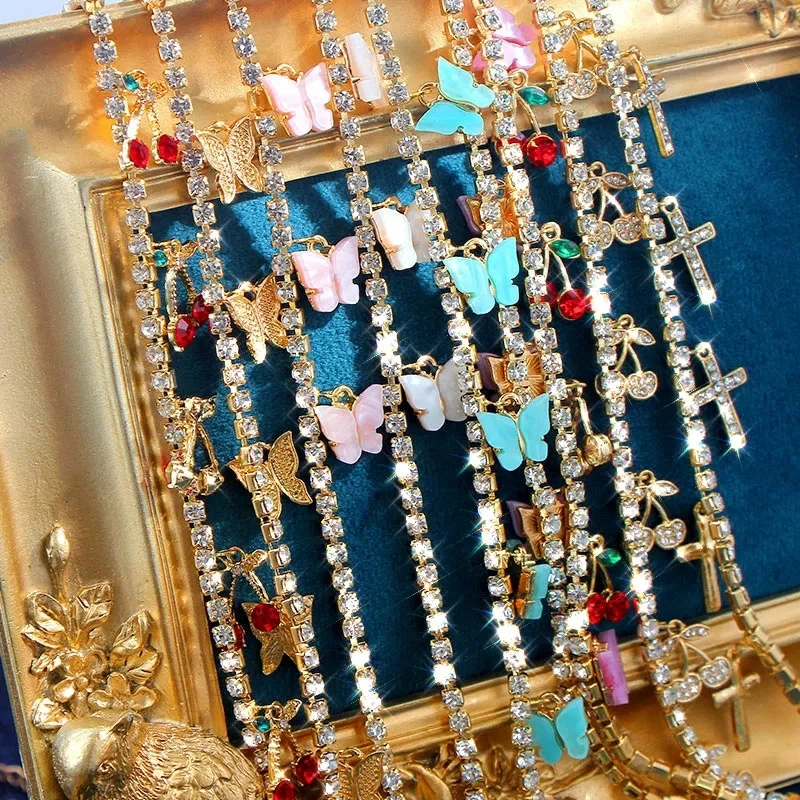 

Lost Lady Butterfly Cross Cherry Heart Pendants Necklace for Women Rhinestone Crystal Chain Chokers Necklace Jewelry Wholesale
