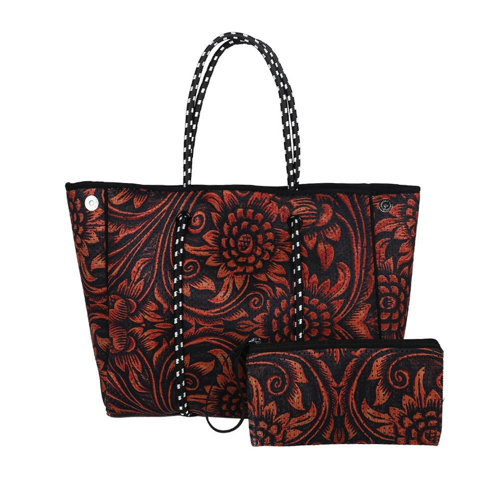 

Free shipping tooled leather sunflower women neoprene tote bag purse handbag ladies neoprene beach gym bag large hand bags, Serape&leopard,leopard,rainbow,sunflower,black cow, cowboy etc