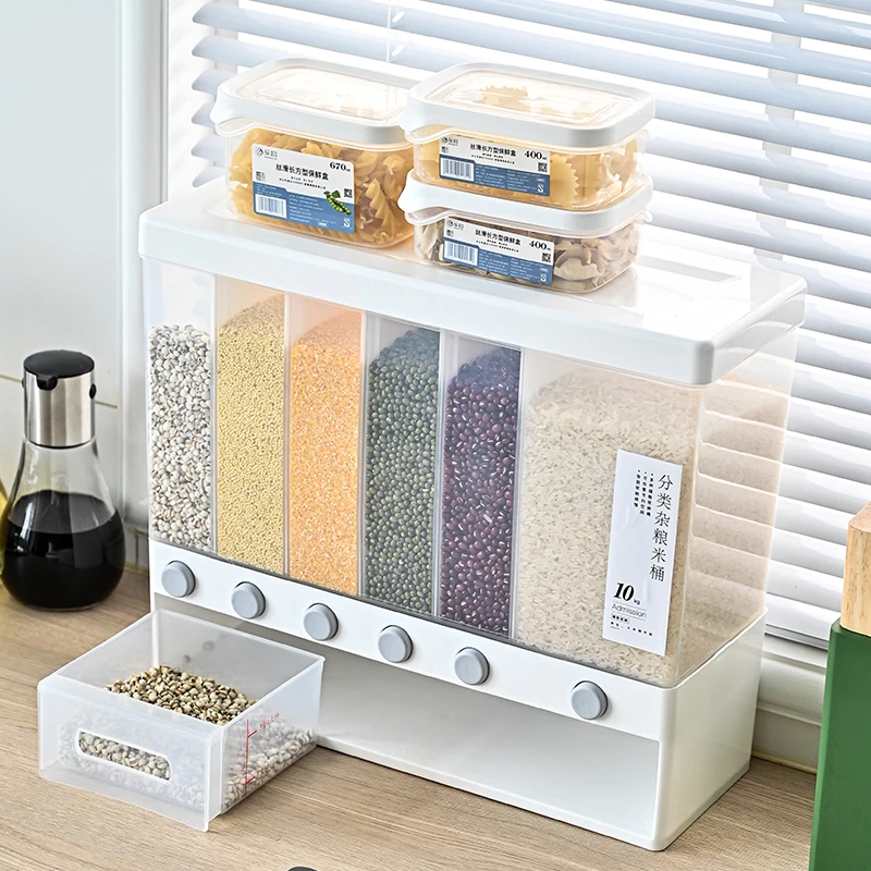 

Hot selling Wall Mounted Divided Rice and Cereal Dispenser 10 KG Plastic Automatic Damp-proof Racks Sealed grain Storage Box, Transparent