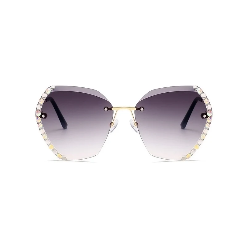 

Newest Vintage Custom Logo Fashion Metal Oversized Rimless Rhinestone Sunglasses 2021 Women