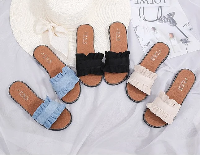 

Spring and summer 2019 new women's shoes slippers ruffled leisure beach flat bottom flip flops women's sandals, Customized color