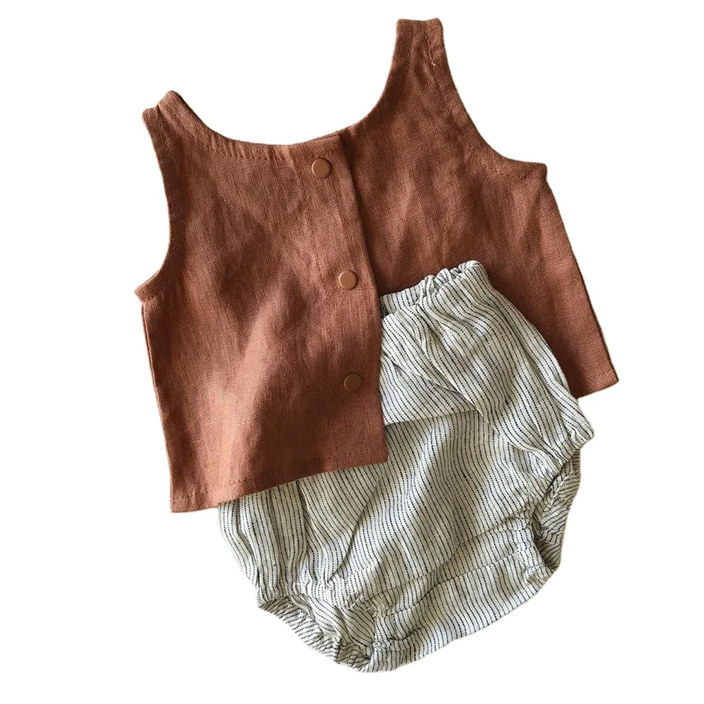 

Summer baby boys and girls clothes High quality Linen 100% cotton top and bllomers 2pcs set Outfit Boutuque, Accept customized color