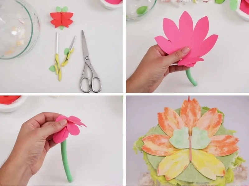 Step-by-step paper flower craft tutorial with recycled materials