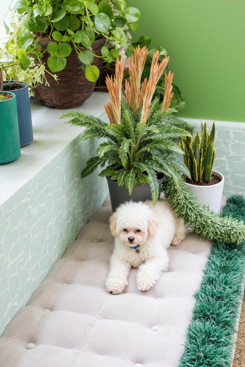 A cat tree surrounded by hanging plants and a woven hammock