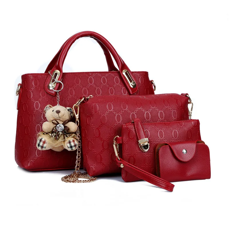

Hot sale Luxury Pu leather ladies large capacity wallet chain bag handbag 4-piece bear pendant bolsa bolsos de mujer