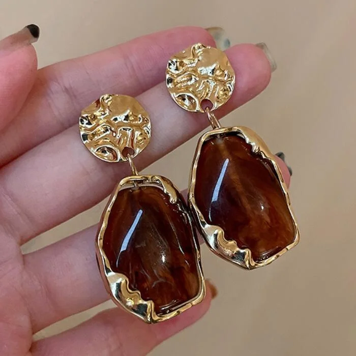 

XINA S925 silver post resin geometric white mable effect acrylic earrings 18k gold plated brown jade resin statement earrings