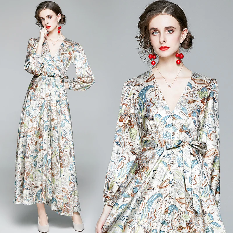 

in stock wholesale 2021 Autumn new fashion printed holiday style V-neck Lantern Sleeve swing long sleeve dresses apricot