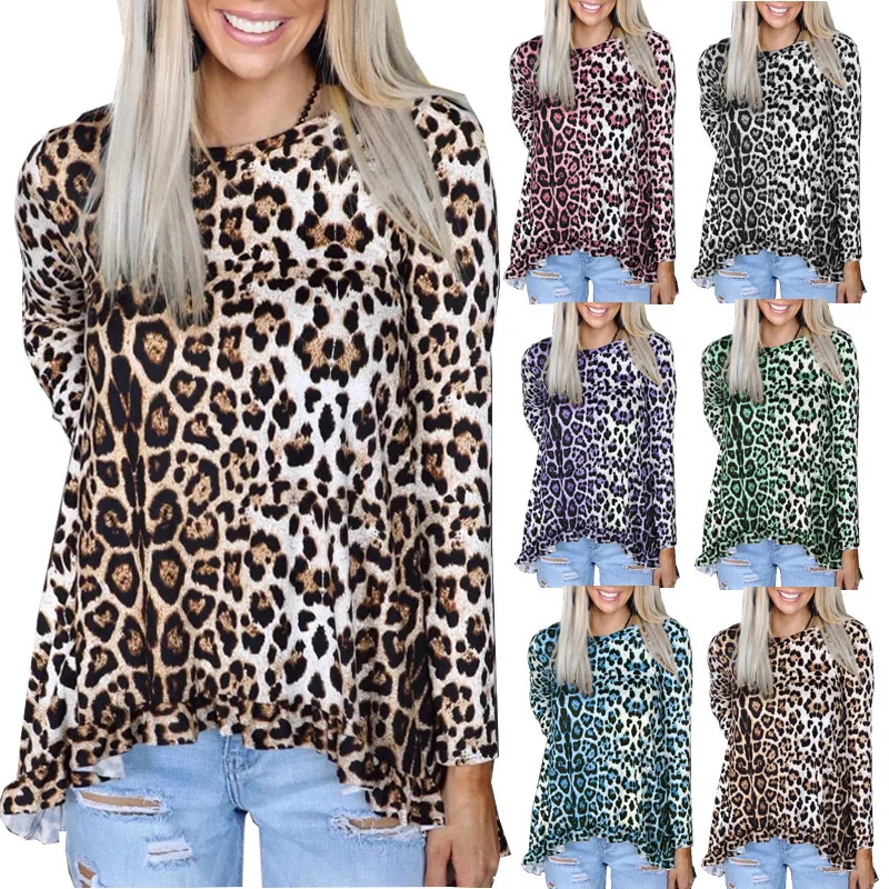 

WW-0137 Female Leopard Long-sleeved Round Collar Tops T-shirts Trend Top Women T shirt Long Sleeve, Customized color