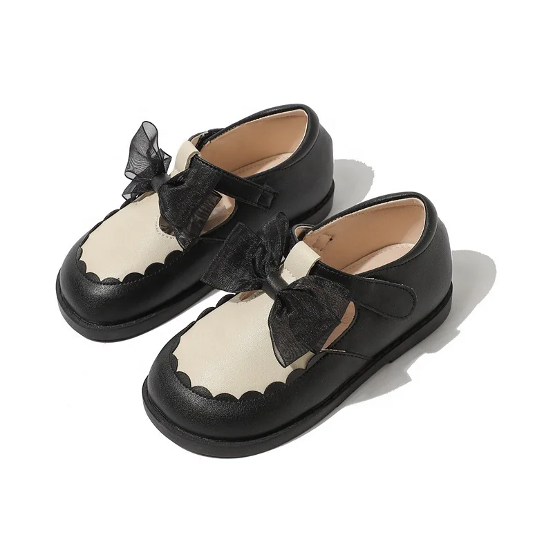 

2022 Spring Autumn new children kids big bow casual shoes soft-sole leather princess shoes for girls, Black/beige