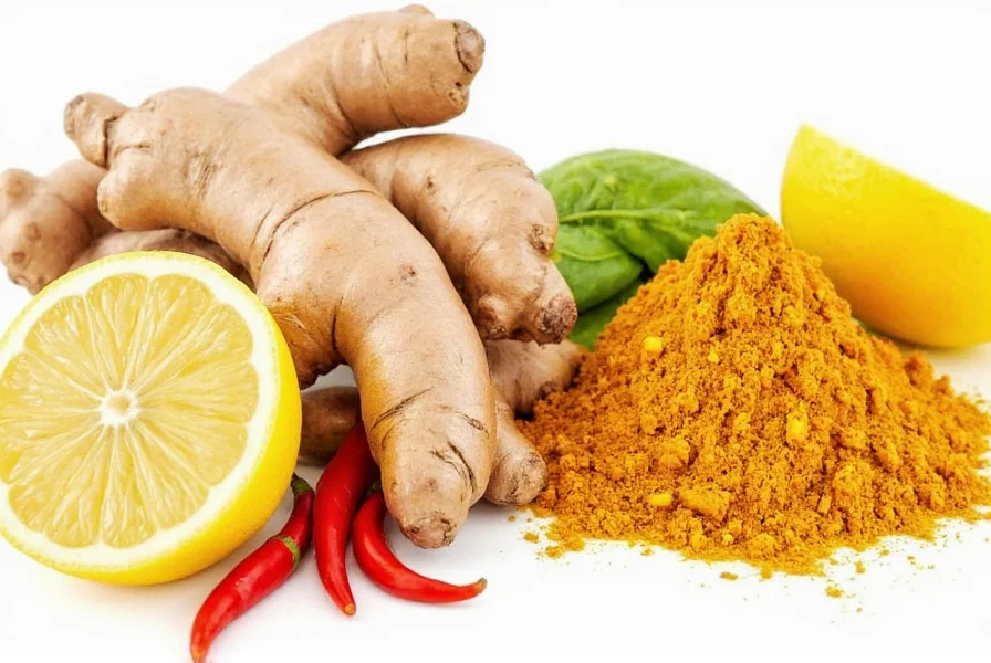 Frische Ingwer-, Zitronen-, Cayennepfeffer- und Kurkumazutaten auf einem Holztisch arrangiert