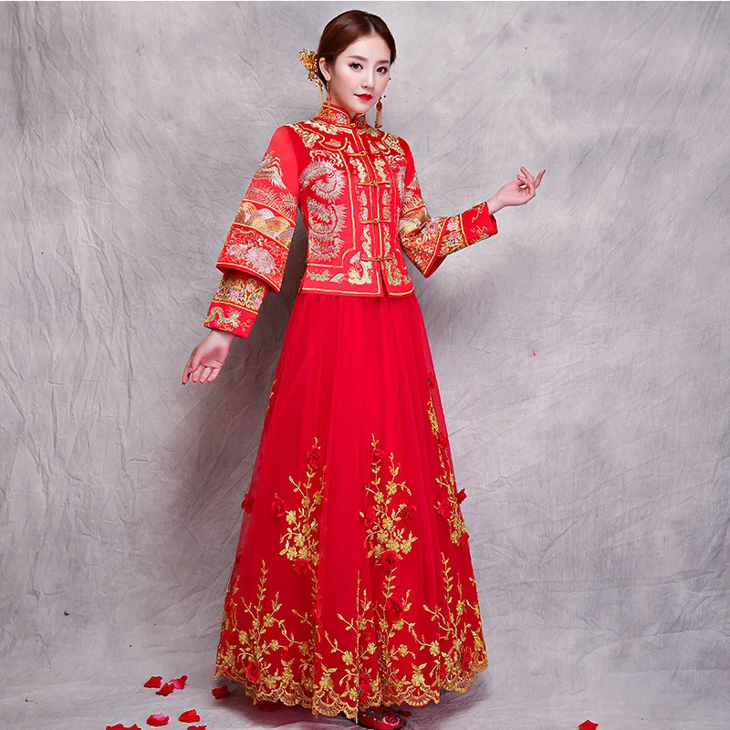 

2019 spring new style improved cheongsam wedding gown set big red embroidery tops+mesh flower skirt