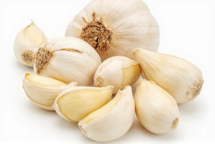 Close-up photograph showing individual garlic cloves separated from the bulb, highlighting their papery skin and ivory-colored flesh
