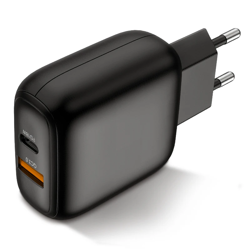 

Hot Sale Amazon PD 18W QC3.0 EU Plug Dual USB Charger Fast Charging Charger for iPhone Samsung Xiaomi, Black
