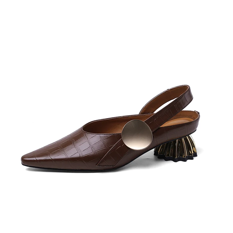 

Genuine leather pointed toe retro block heel slip on sandals women heels sandals 2020, Brown /black
