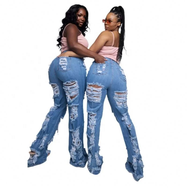 

2021 Stylish Flared Denim Trousers Ladies Sexy Slim Elastic Bule Jean Pants Women Ripped High Waist Flares Jeans Destroyed Denim, Picture color