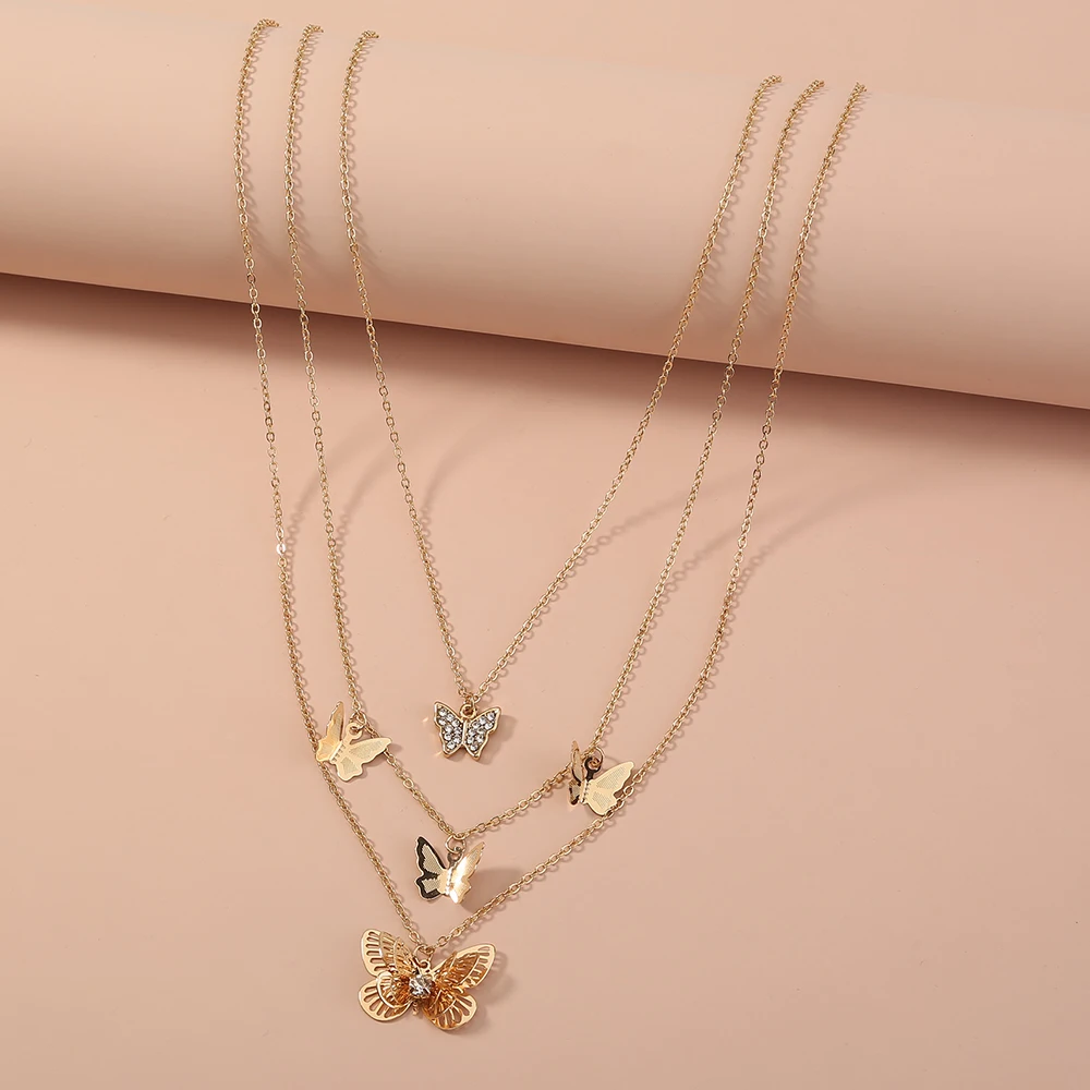 

Classic Elegant Style Gold Multi-layered Butterfly Studded Diamond Woman Layered Necklace Jewelry