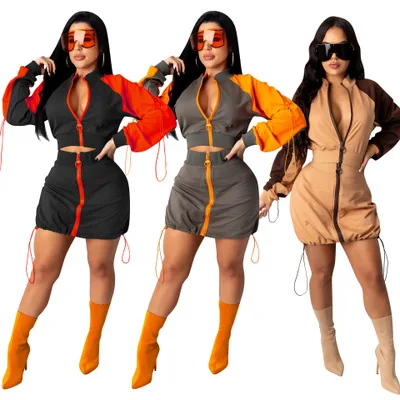 

2021 New 2 Piece Sets Outfits Women Sexy Girl Bodycon Dresses Girls' Jackets Coats Windbreakers Two Skirts Set