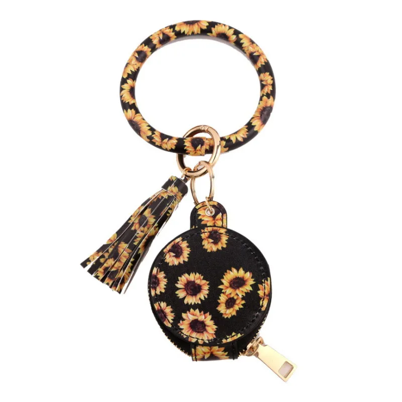 

Handmade Earphone Pockets Personalized Bangle Keychains Sunflower Vegan Leather Tassel Earphone Case, Customized