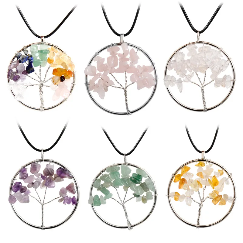 

HOVANCI Colorful Natural Stone Gravel Tree Of Life Necklace Handmade Twisted Wire Healing Gemstone Tree Of Life Pendant Necklace