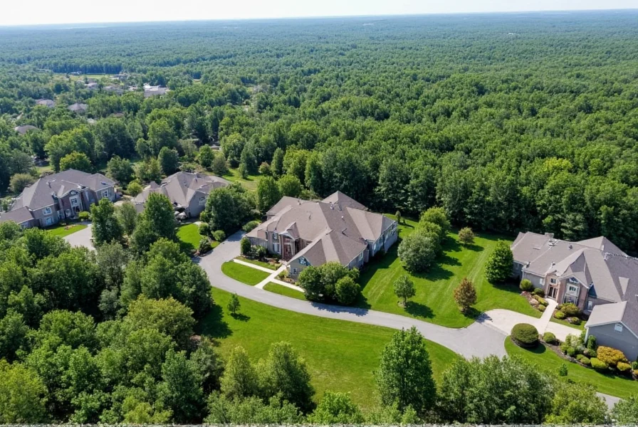 Aerial view of Pepper Pike Ohio showing tree-lined streets and large residential properties surrounded by natural landscape