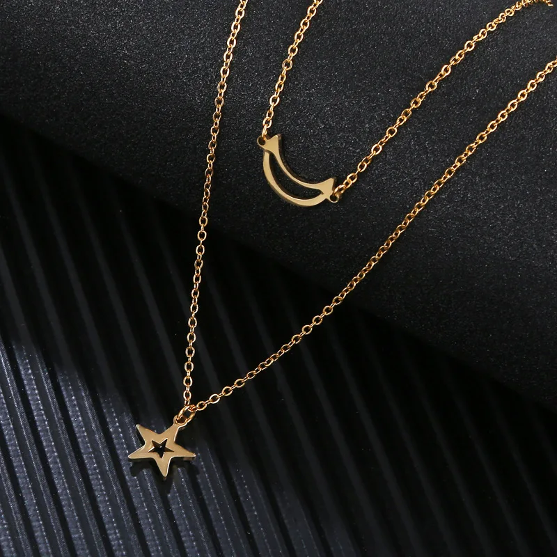 

Stainless Steel 18k Gold Plated Multi Layer Star Pendant Necklace Hollow Star Moon Pendant Necklace, As pictures
