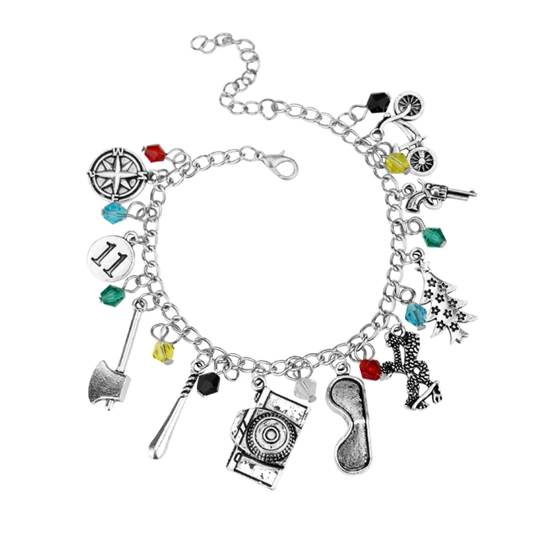 

Hot Sale Stranger Things Charm Bracelet With Gun Bicycle Camera Crystal Beads Bracelet Women Punk Style Wristband, Sliver