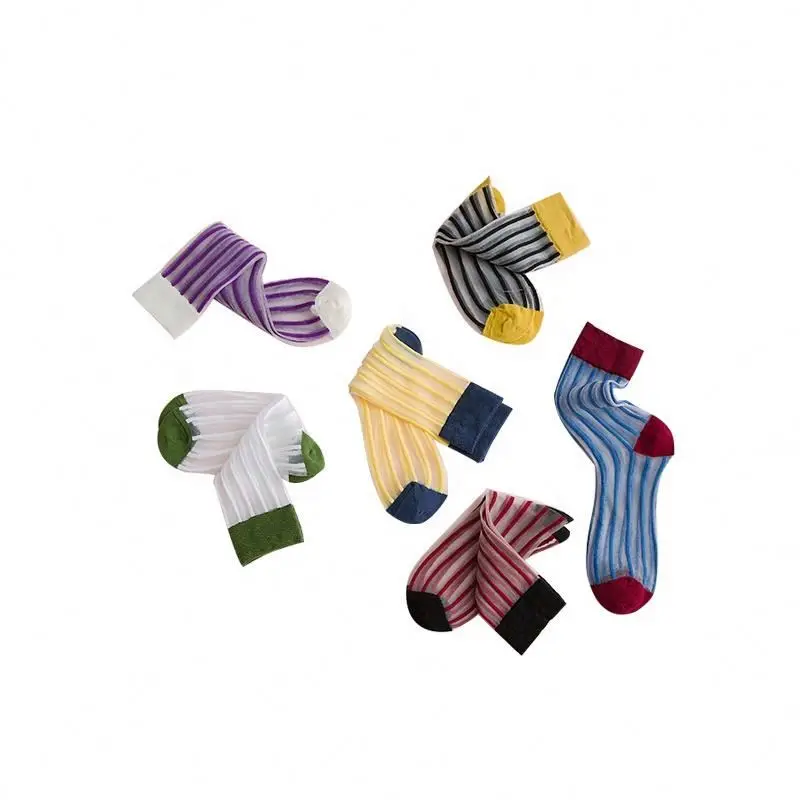 

Japan Fashon Bright Stripes Colored Toe Heel Top Transparent Women Quarter Nylon Sheer Socks, As pic
