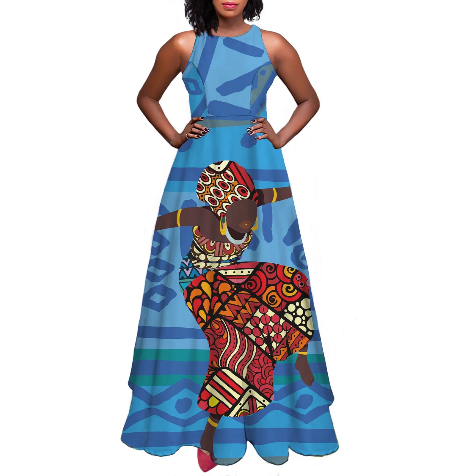 

2021 women digital print african kitenge dress designs fashion round neck sleeveless summer dress african women dresses custom