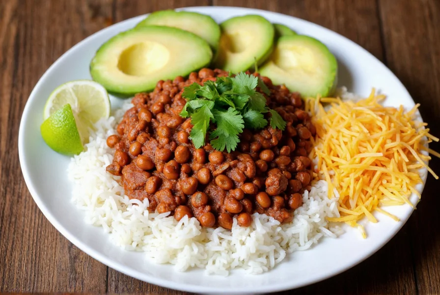 Plated chili on rice with multiple garnishes including fresh cilantro, lime wedges, avocado slices, and shredded cheese