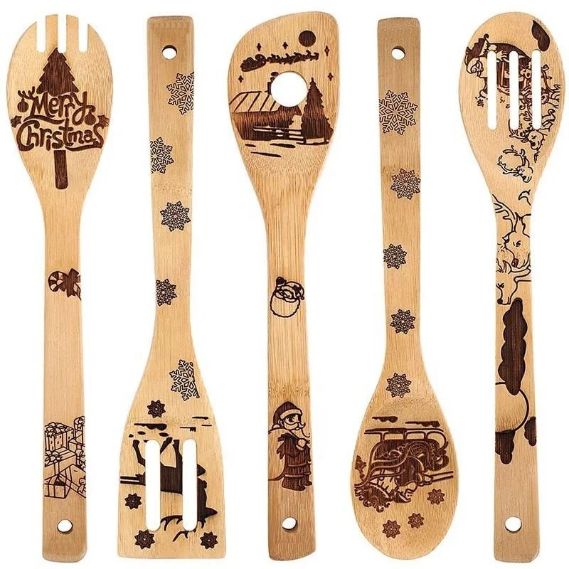 

Amazon Hot Sale Organic Bamboo Spoon Carving Kitchen Spatula Set Cooking Serving Utensils For Christmas Gifts